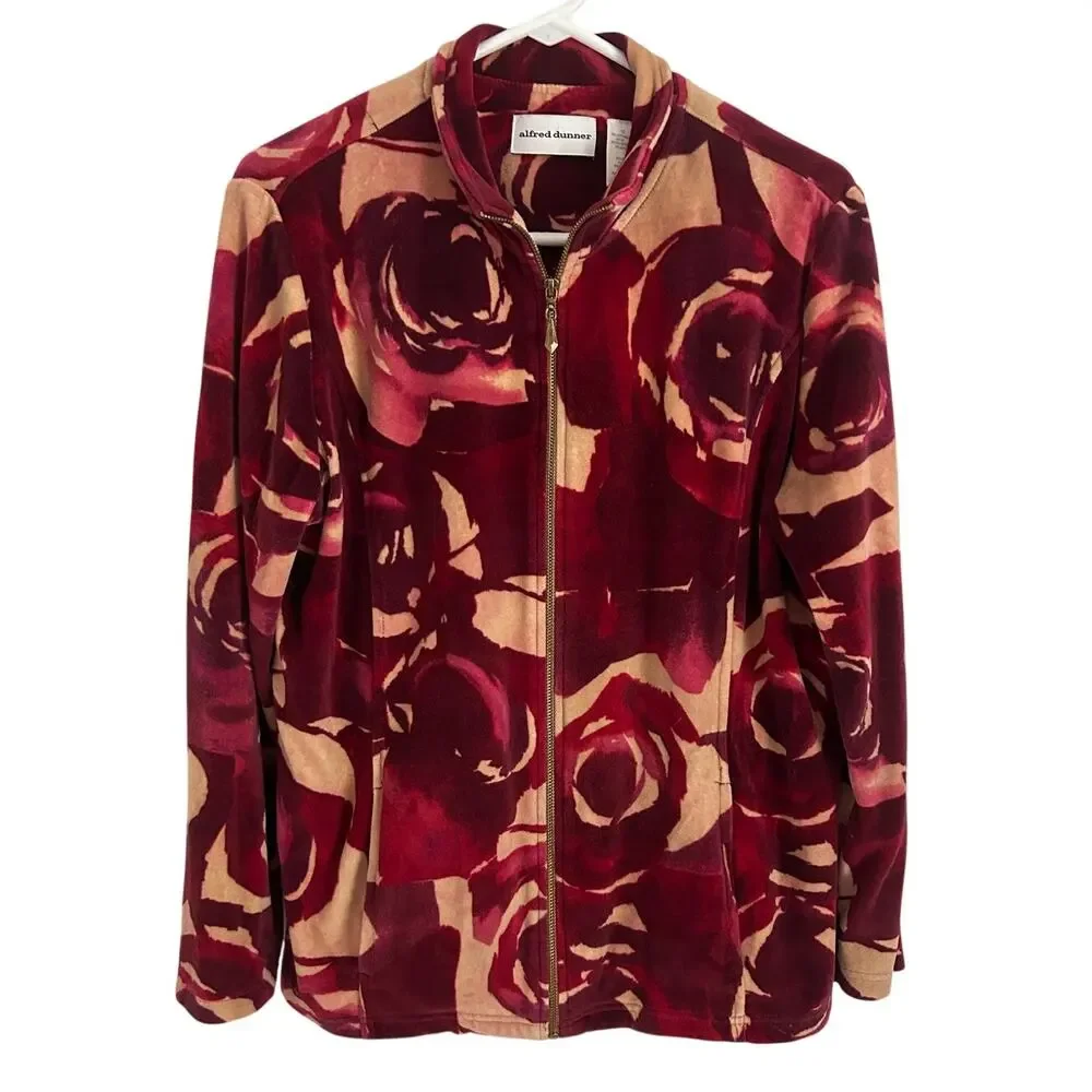 Alfred Dunner Maroon Beige Floral Velour Jacket Full Zip Women's 12